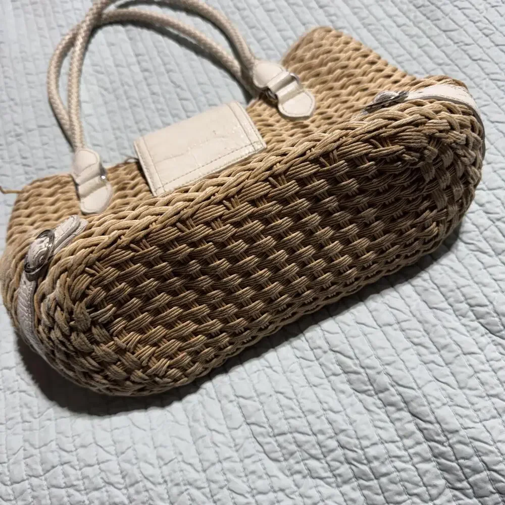 Brighton Vintage Style Woven‎ Straw Handbag with White Leather Accents